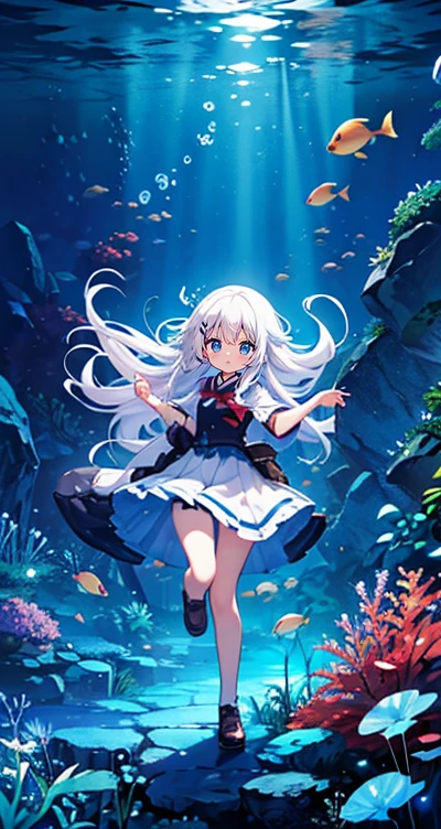 (Peace Fly), (highest quality), Very detailed, 1 girl, Personal full-body photo, Perfect Face, beautiful girl, Very detailed顔,(Long white hair:1.5),(blue eyes:1.4),(Flowing Hair:1.4),(Underwater:1.4),sink,school fishy,Light,jellyfish,Seaweed,Redfish,fishy,deep sea,Fantasy