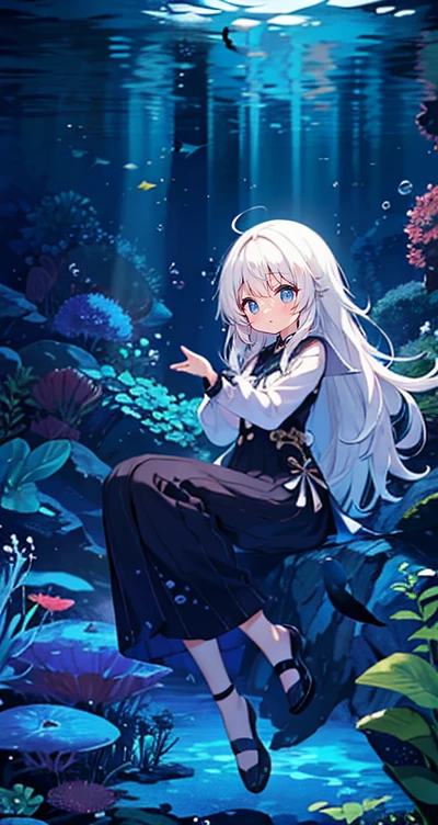 (Peace Fly), (highest quality), Very detailed, 1 girl, Personal full-body photo, Perfect Face, beautiful girl, Very detailed顔，(Long white hair:1.5)，(blue eyes:1.4)，(Flowing Hair:1.4)，(Underwater:1.4)，sink，school fishy，Light，jellyfish，Seaweed，Redfish，fishy，deep sea，Fantasy