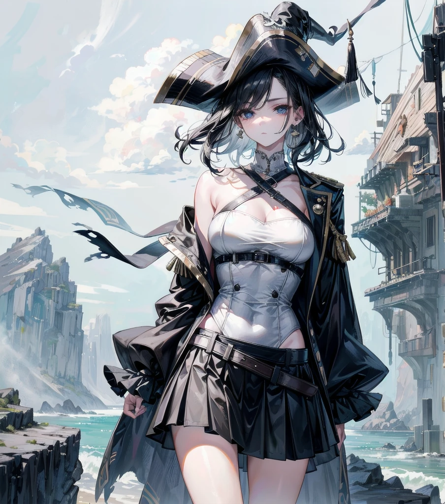 absurdres, RAW photo, extremely delicate, extremely beautiful, masterpiece, Best Quality, ultra high resolution, 32k, hyperrealistic, ultra-detailed description, perfect anatomy, pale skin, 20 years old, detailed beautiful face, detailed beautiful face eyes, tearful mole, earring, short medium hair, wavy hair, black hair, big tits, slim body, narrow waist, whole body, Practical pirate clothing, Long-sleeved pirate top, Skirt,Torn pirate hat, beach, white shirt,