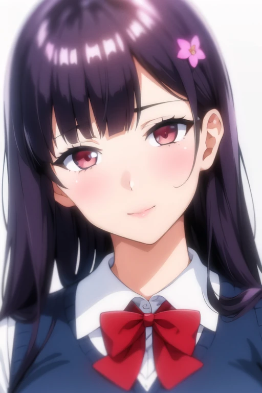Simple White Background,
school_uniform,red bowtie,white shirt,Blue sweater vest,pleated_skirt,
flower hair clip, hair flower, hair ornament, 
Red eyes,bangs, black_hair, long_hair,
1 girl, 20yo,Young female,Beautiful Finger,Beautiful long legs,Beautiful body,
Beautiful Nose,Beautiful character design, perfect eyes, perfect face,expressive eyes,perfect balance,
looking at viewer,(Focus on her face),closed mouth, (innocent_big_eyes:1.0),(Light_Smile:0.3),
official art,extremely detailed CG unity 8k wallpaper, perfect lighting,Colorful, Bright_Front_face_Lighting,White skin,
(masterpiece:1.0),(best_quality:1.0), ultra high res,4K,ultra-detailed,
photography, 8K, HDR, highres, absurdres:1.2, Kodak portra 400, film grain, blurry background, bokeh:1.2, lens flare, (vibrant_color:1.2),professional photograph,
(Beautiful,large_Breasts:1.4), (beautiful_face:1.5),(narrow_waist),