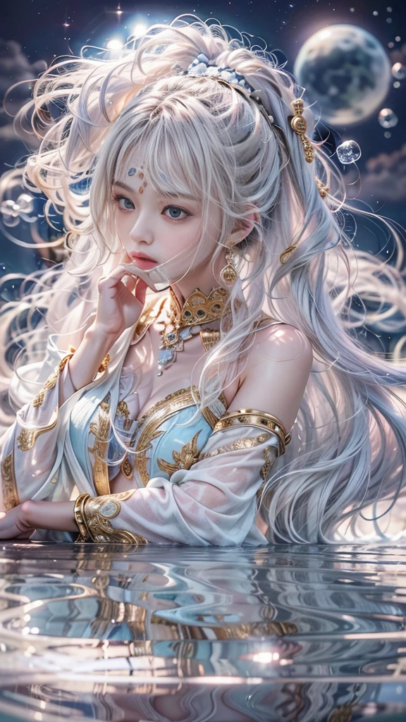 (RAW shooting, 32k:1.5, highest quality, masterpiece, Ultra-high resolution), (Dramatic moonlight:1.0, Mysterious World:1.0, Expressions of sadness:1.0), Side Shot, Fractal Art:1.3, Perfect dynamic composition:1.3, Very detailedな肌と顔の質感:1.3, Dynamic flow of water waves:1.3, The dynamic flow of the aura:1.3, The subject is observed from a distance, elegant and sophisticated, Fair skin, Incredibly slim body:0.8, Very beautiful face, Water droplets on the skin, (Yoga Wear:1.3, Zazen pose 1.3, Meditation pose:1.3), Very accurate, Very detailed, Big eyes that exude beauty, Beautiful big lips, Unreal atmosphere, Earrings, bracelet