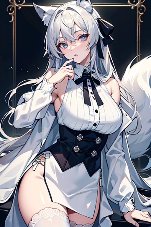 best qualtiy，tmasterpiece，The is very detailed，4K，Gray hair and shallow eyes，Drag cool expressions，Wolf ears，Erect scar on the left eye，British style，1girl，Absolutely beautiful, big bust, white costume, ear ribbon