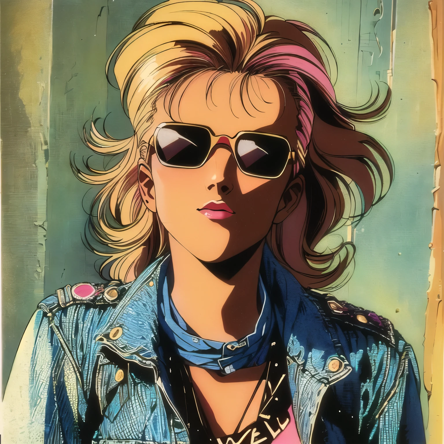 blond woman with pink sunglasses and a denim jacket1990s (style), 1980s (style), retro artstyle, a girl,, best quality, masterpiece.