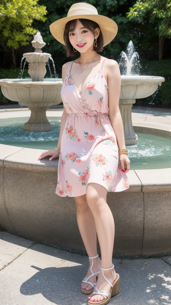 (8k, Photorealistic, Raw photo, Highest quality: 1.4),Japanese idol style1Beautiful girl of the person,18-year-old,Short bob hairstyle,Natural Waves,Silver Hair,She has her hair tucked behind her ears,She wears a wide-brimmed hat,She has small earrings in her ears,Big, clear grey eyes,Long eyelashes,Plump Cheeks,She is wearing pale pink lipstick.,Apply gloss over your lipstick for glossy, plump lips,Smiling,A short pendant is hanging around her neck.,The nails on both hands are painted with light pink nail polish.,Hands folded behind your back,She is wearing a long, sleeveless, floral dress,wearing sandals on bare feet,Legs crossed at the ankles,Standing with a park fountain in the background,Full body portrait