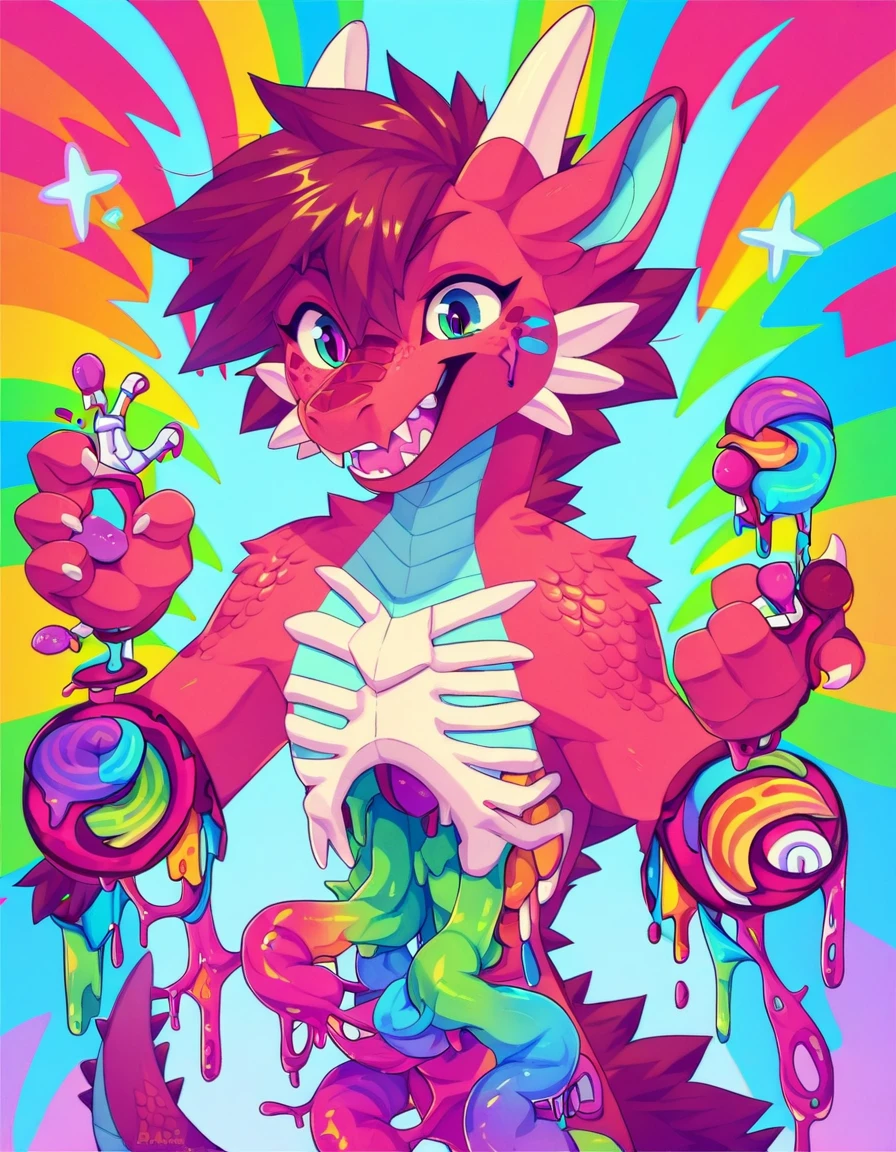 1furry, dragon, rainbow, severed limbs, pastel colors, colorful blood, guts,score_9, score_8_up, score_7_up,