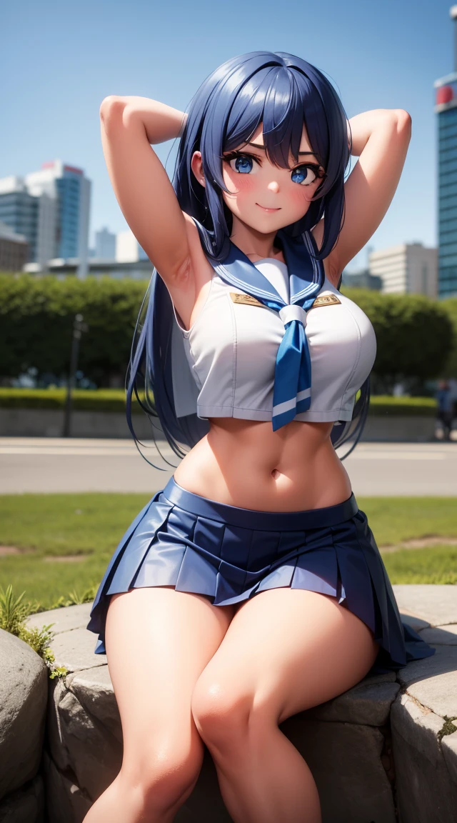 1girl, happy, smirk, Tokyo street, cityscape, city lights,day,.Flexing, 8k, RAW photo, best quality, masterpiece, realistic, photo-realistic, masterpiece, best quality, high-resolution, tiara,sailors uniform, random hair, stockings, big breasts, blue sailor collar,bow,knee boots,choker,white gloves,blue choker,elbow gloves,jewelry,earrings,blueskirt, pull up skirt to show panty, panty, high resolution, highly detailed, hyper realistic, 8K, indian girl, 25 years old Indian girl, big breasts, use hands to pull up the skirt so that underwear is visible to the viewer, shot from below, pale skin, super lighting