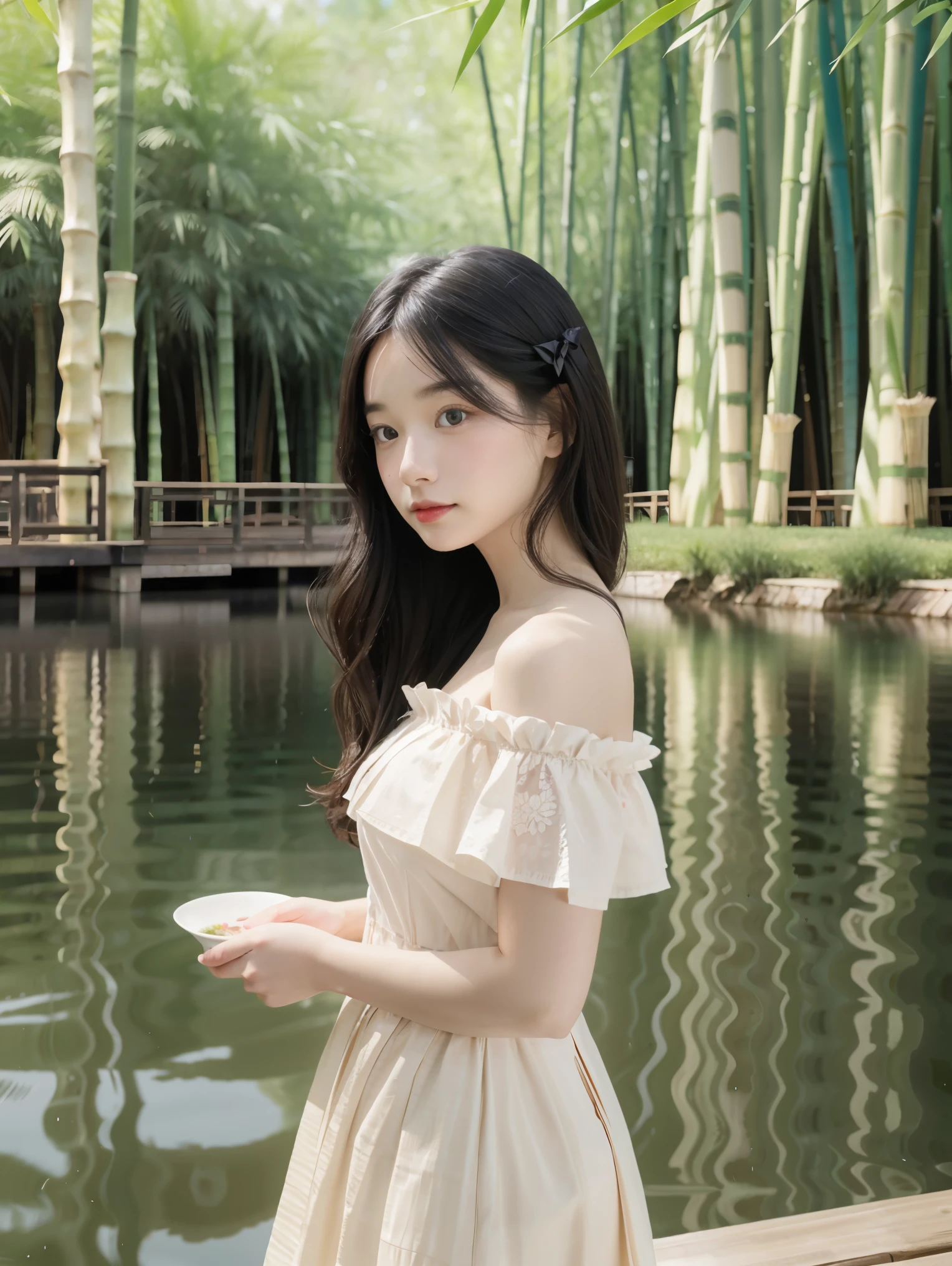 Masterpiece, Best Quality, Official Art, 8k Wallpaper, Very Detailed, Illustration, 1 Girl, black  Hair, Long Hair, Detailed Eyes, Forrest Gump, Bare Shoulders, Hanfu, Lake, Pure, Soft Smile, bamboo, tea