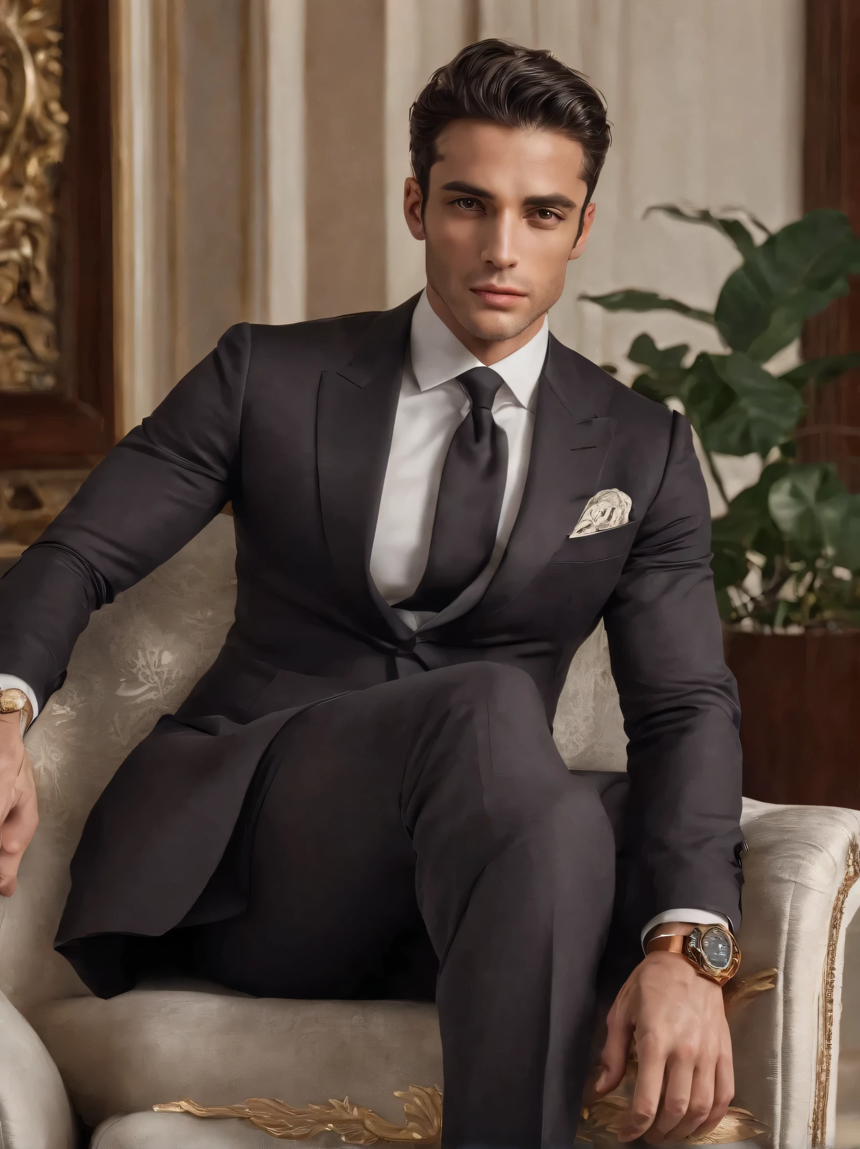 Michele Morrone look-alike face, A young man,Handsome,bem musculoso,corpo peludo,meia branca,Ultra-thin pantyhose ((pan focus: 1.5)),(Olhos detalhados:1.3),Topless nu,Nudez em todos os lugares,Olhos escuros,massive bulge,Protruding black hair from bulge, Esbian de corpo inteiro,Character sitting in a chair with arms raised, cabelos pretos (cabelo curto e elegante,), nice pose, homem bonito, cara bonita, Pose elegante real, Businessman, (em um blazer listrado), (The surrounding environment is a luxurious and classic living room) (Imagens de tom de areia) ultra realistic, Prince of royalty looking, Old Money Aesthetics, Italian appearance, Joel Kinnaman Lookalike, terno elegante, Rolex, Classic car in the background, Appearance of royalty, vestindo terno Ralph Lauren, Raoul Bova face lookalike, Italian luxury mansion in the background