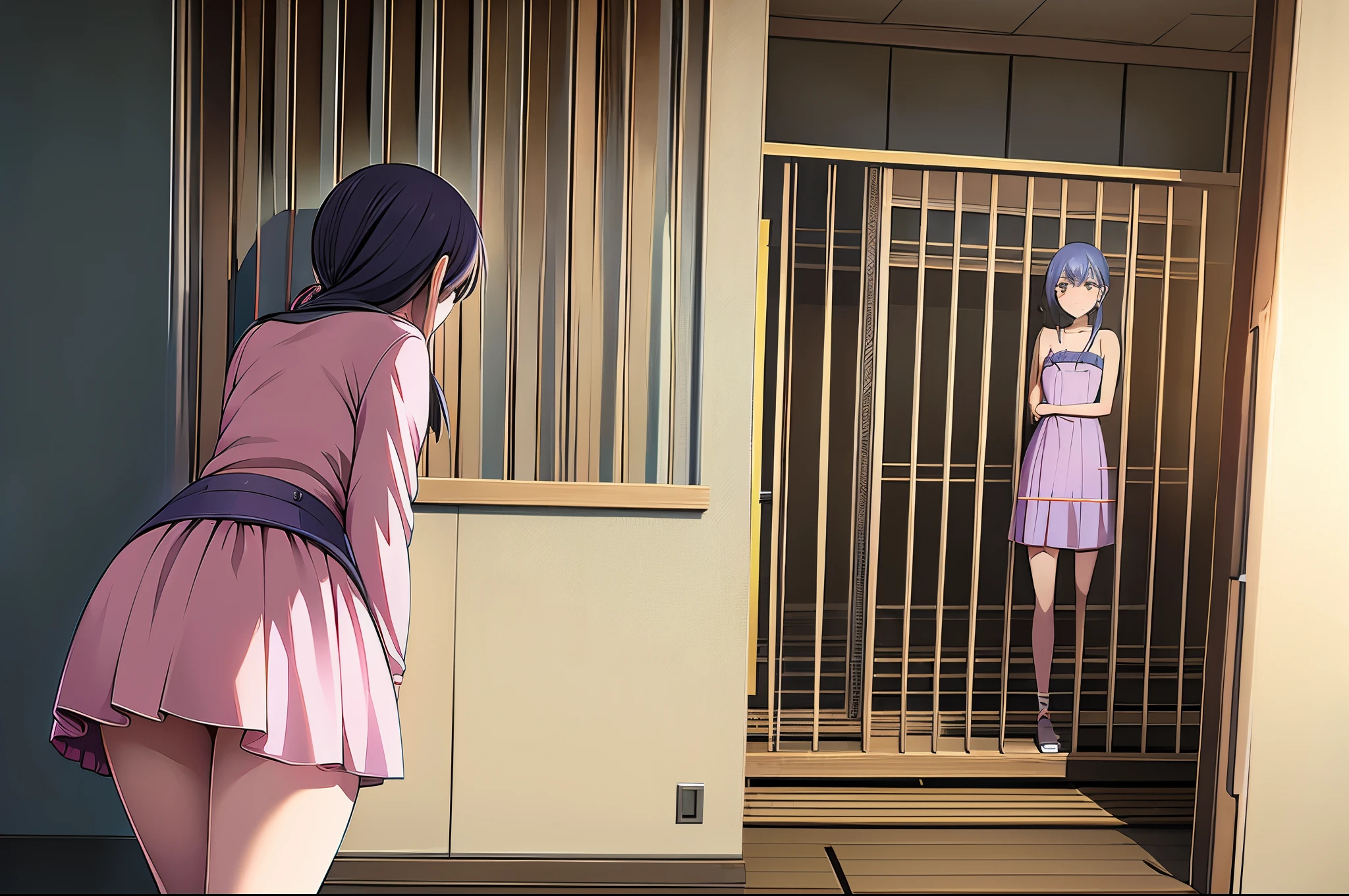 shinozaki ayumi standing by the window, figurine pink dress, naked ass panties, bent over long hair pussy white from the front pussy through panties