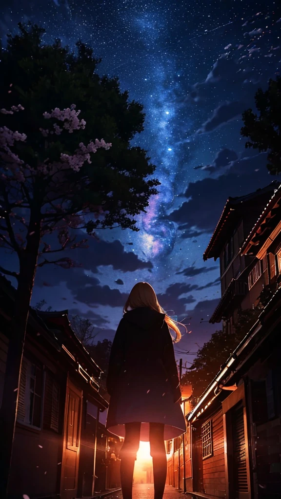 １people々々々,Blonde long hair，Long coat，silhouette， Rear View，Space Sky, milky way, Anime Style, cherry blossoms，夜cherry blossoms，辺り一面に舞うcherry blossoms吹雪，Flower Tunnel，