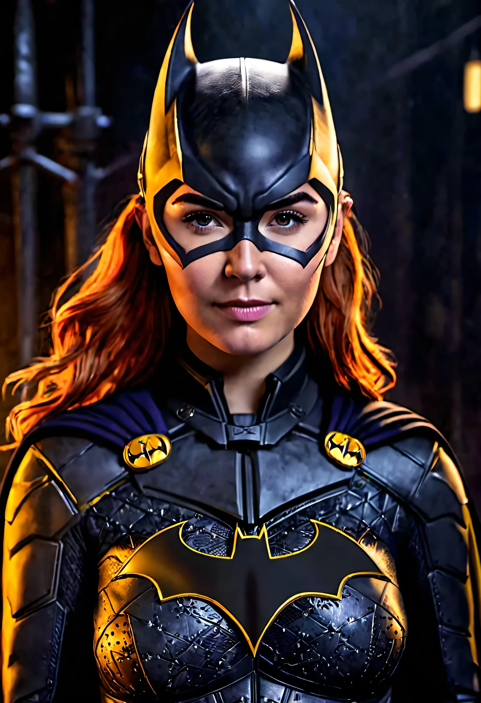 a beautiful detailed portrait of Florence Pugh as Batgirl from the DC comics universe,Batgirl costume,Batman emblem on the chest,inspired by the Arkham trilogy video game series,hyperrealistic,8k,extremely detailed,intricate costume design,dramatic lighting,cinematic composition,vivid colors,digital art,concept art style,clear ginger hair,((Mask))