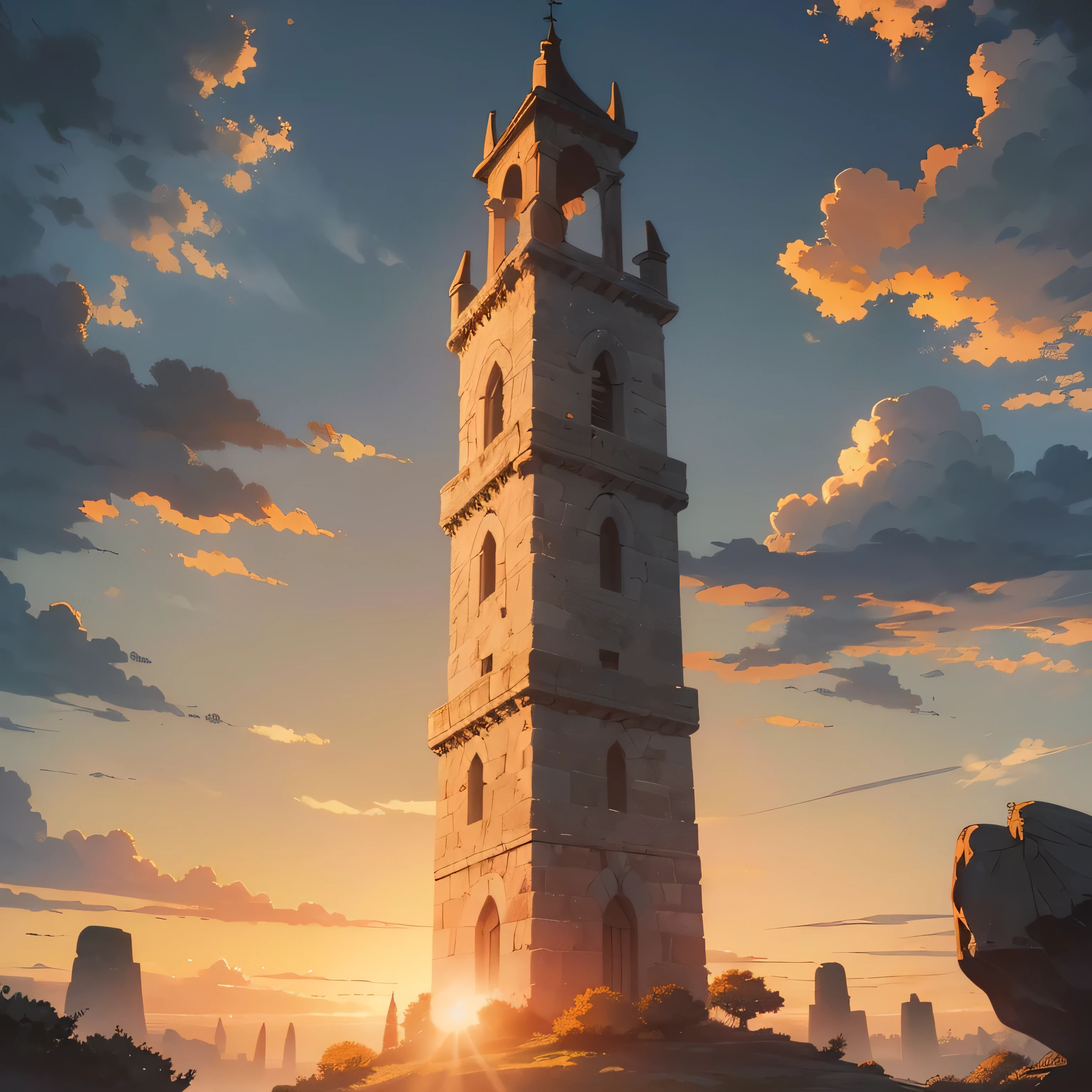 Illustration background,Meadow forest sky, ((Late afternoon scene)... (View at the top of a stone tower, gray color) ( Sky color with orange tones, sunset style) ( Anime scenario)
