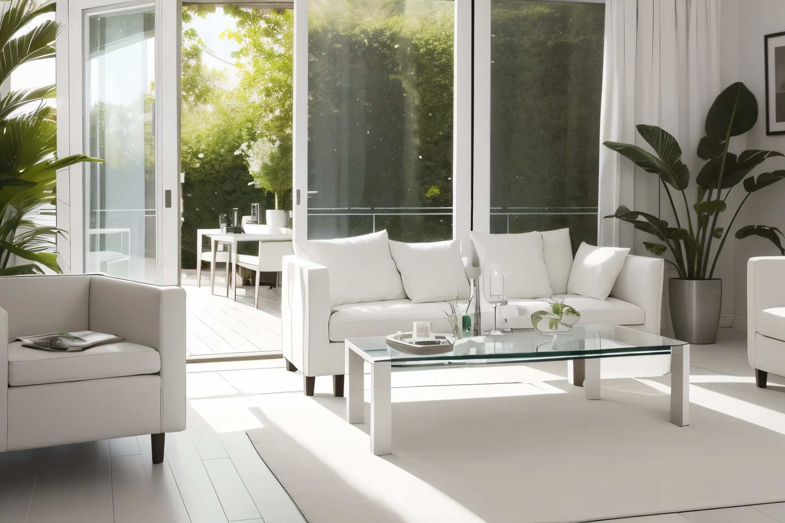 Un salon luxueux avec des canapés de beauté, un sol en marbre blanc et une table basse en verre transparent avec des plantes vertes, photorealistic, inspirant, ultra realistic.