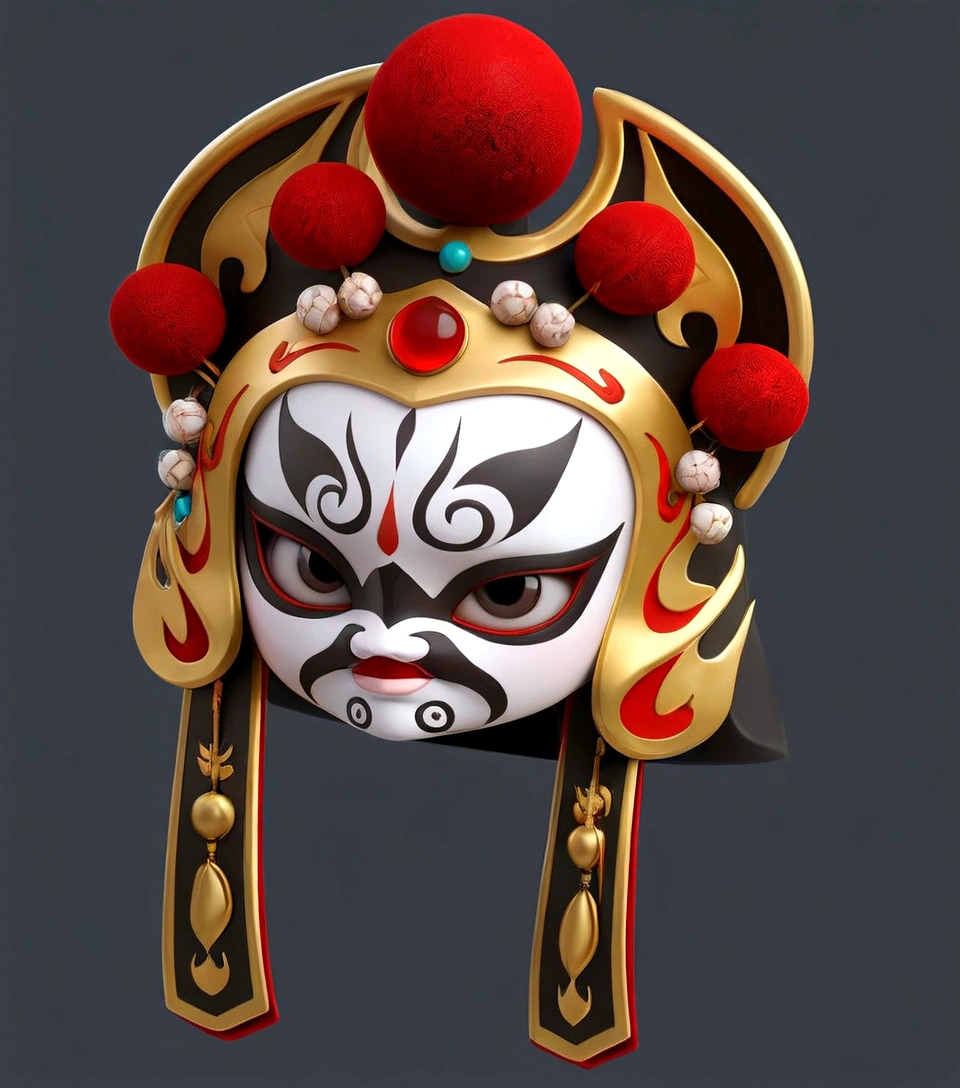 have a mask,A red ball, Detailed helmet, Gorgeous headdress, Gorgeous headscarf, Gorgeous headdress, Game assets, High Detail, China gorgeous,, Sichuan opera roles,Quintessence,High degree of completion, There are rubies,3D Model, 3d icons for mobile games,metallic feel。8K,HD,High Detail