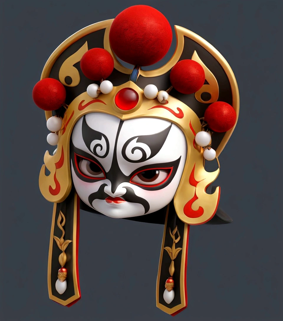 have a mask,A red ball, Detailed helmet, Gorgeous headdress, Gorgeous headscarf, Gorgeous headdress, Game assets, High Detail, China gorgeous,, Sichuan opera roles,Quintessence,High degree of completion, There are rubies,3D Model, 3d icons for mobile games,metallic feel。8K,HD,High Detail