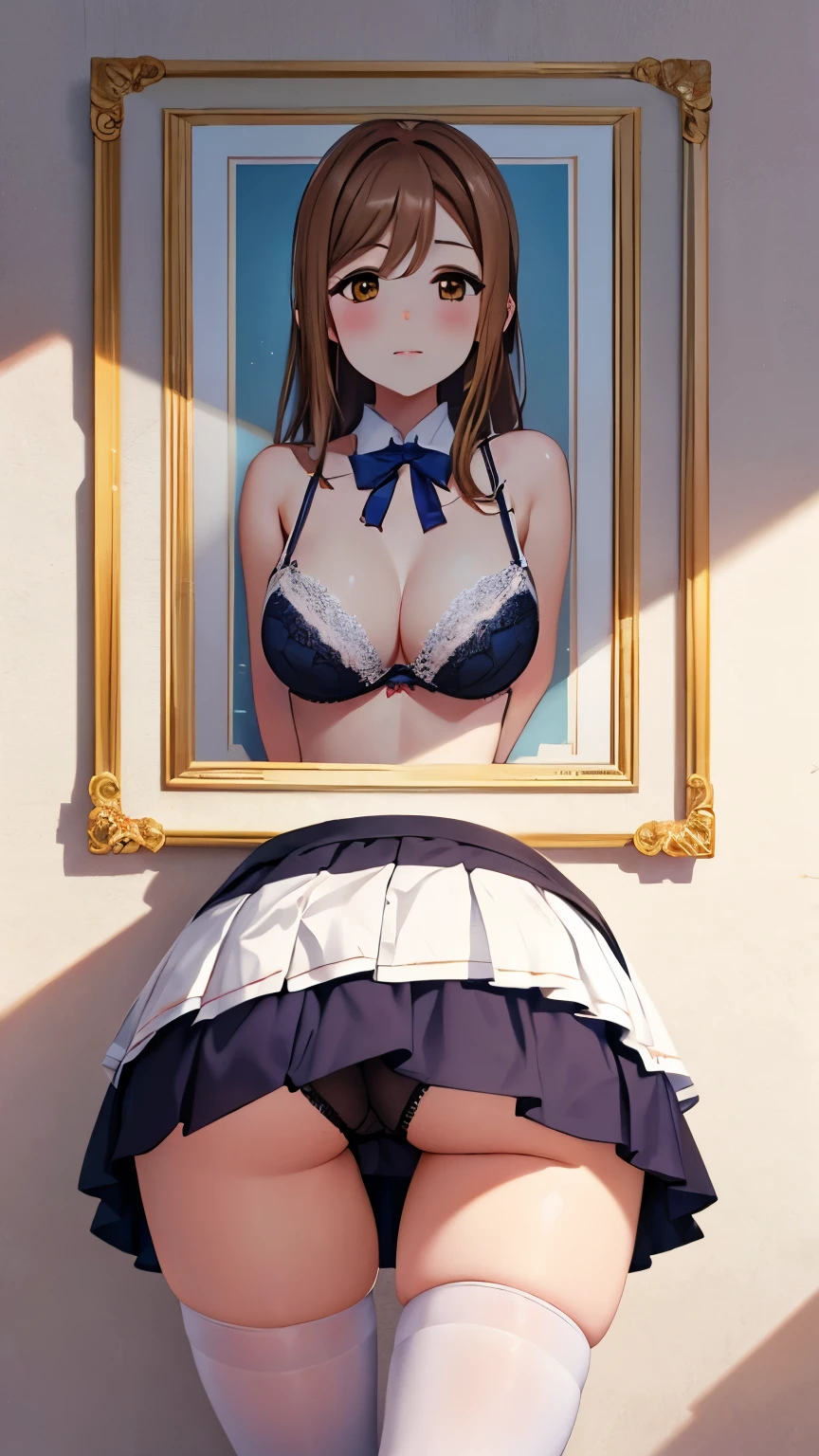 masterpiece, best quality, cowboy shot, kunikida hanamaru, medium breasts, lace bra, pleated miniskirt, white thigh highs, picture in a frame, from behind, (glory wall pose:1.3), lace panties