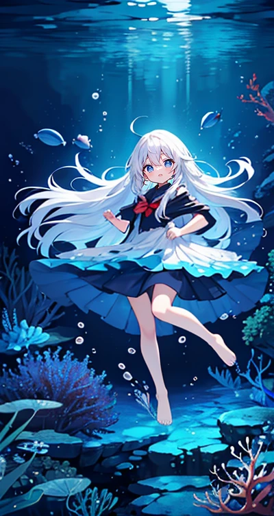 (Peace Fly), (highest quality), Very detailed, 1 girl, Personal full-body photo, Perfect Face, beautiful girl, Very detailed顔,(Long white hair:1.5),(blue eyes:1.4),(Flowing Hair:1.4),(Underwater:1.4),sink,school fishy,Light,jellyfish,Seaweed,Redfish,fishy,deep sea,Fantasy