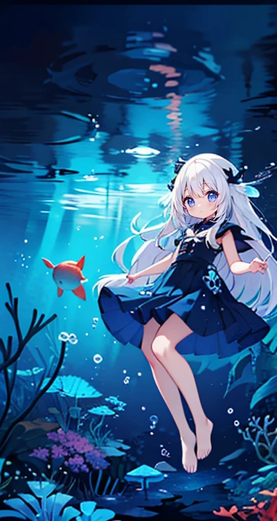 (Peace Fly), (highest quality), Very detailed, 1 girl, Personal full-body photo, Perfect Face, beautiful girl, Very detailed顔,(Long white hair:1.5),(blue eyes:1.4),(Flowing Hair:1.4),(Underwater:1.4),sink,school fishy,Light,jellyfish,Seaweed,Redfish,fishy,deep sea,Fantasy
