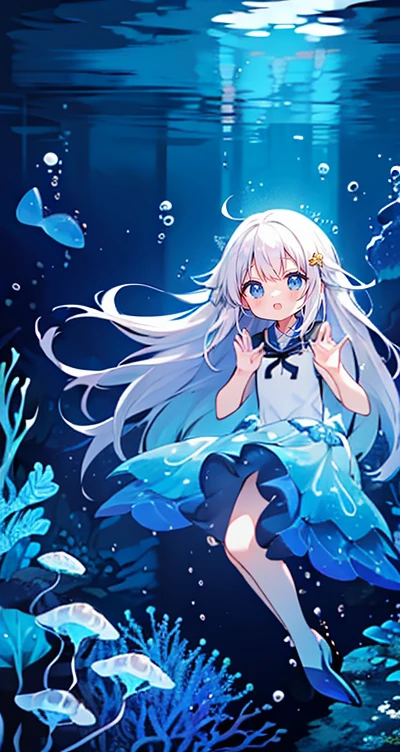 (Peace Fly), (highest quality), Very detailed, 1 girl, Personal full-body photo, Perfect Face, beautiful girl, Very detailed顔,(Long white hair:1.5),(blue eyes:1.4),(Flowing Hair:1.4),(Underwater:1.4),sink,school fishy,Light,jellyfish,Seaweed,Redfish,fishy,deep sea,Fantasy
