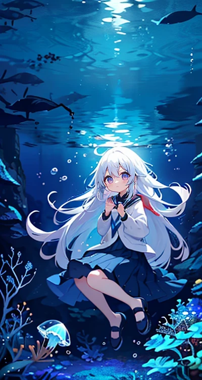 (Peace Fly), (highest quality), Very detailed, 1 girl, Personal full-body photo, Perfect Face, beautiful girl, Very detailed顔，(Long white hair:1.5)，(blue eyes:1.4)，(Flowing Hair:1.4)，(Underwater:1.4)，sink，school fishy，Light，jellyfish，Seaweed，Redfish，fishy，deep sea，Fantasy