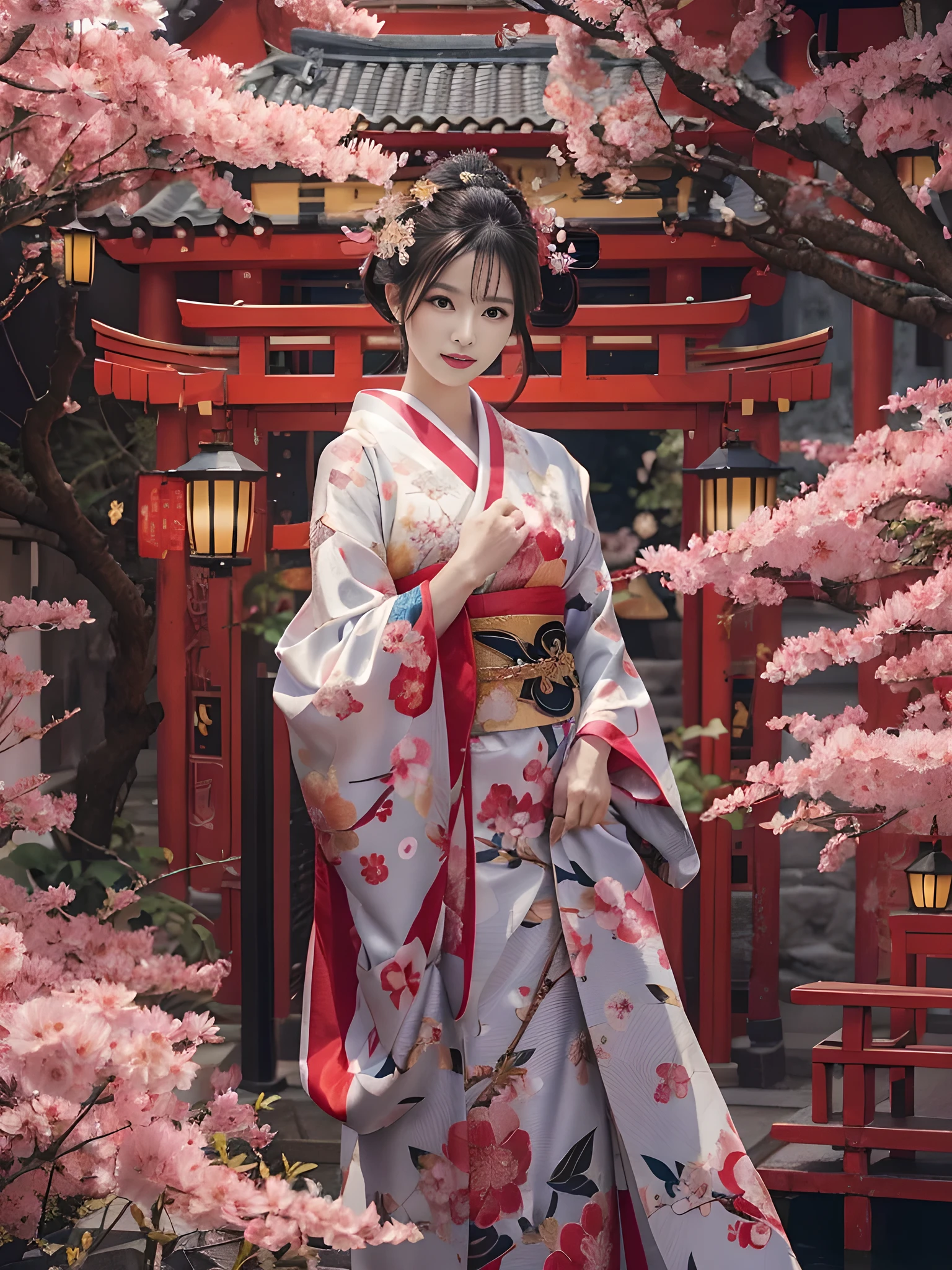 In a futuristic setting., Geisha in Japan with mechanical reinforcement、Graceful in an exquisite garden. She has beautifully detailed eyes and lips that complement her face.. Geishas wear traditional pink kimonos with intricate patterns and designs.. Around her are bright cherry tree and a quiet carp pond. The scene is painted with a combination of illustration and photo realism., Highly detailed and sharp brush strokes, bright colors. The lighting emphasizes the elegant nature of the geisha., Give her porcelain skin a soft glow.. Artwork of the highest quality, 4K or 8K resolution, It showcases the intricate details of geisha costumes., cherry tree, and shiny carp scales. The overall color scheme is:、It is a combination of traditional Japanese shades., dark red, etc.., black people, and subtle gold accents., With a futuristic twist. It is a combination of ancient traditions and modern technology.、Create attractive and stunning masterpieces..