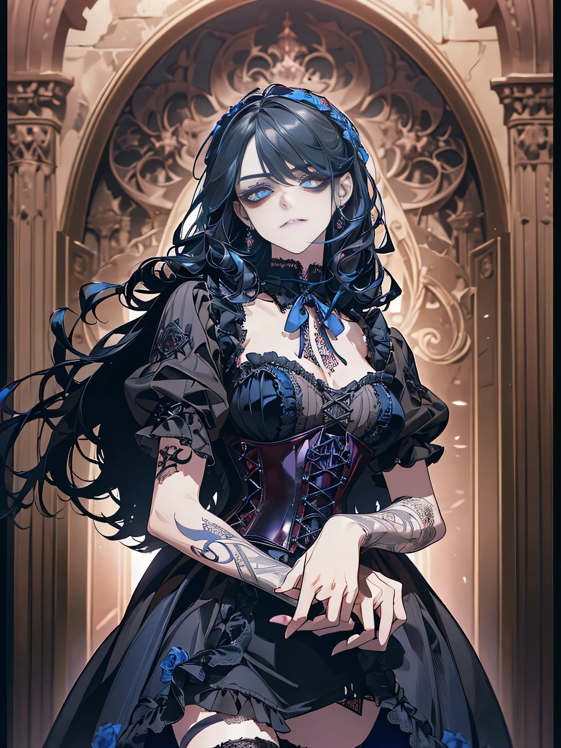 high resolution、8k、1 Girl、18 years old、solo、Slim body、Gothic Lolita Fashion、Gothic Western-style buildingのホールに立っている、((Cowboy Shot、Watching the audience))、(Blue Eyes、Slit eyes、Dark eyeshadow:1.3)、Silver straight long hair、Trimmed bangs、Smile、Ear piercing、choker、((Black and red gothic corset dress、Gothic decorated dress、Tulle lace、Black Ribbon、Tattoo on arm、bandage、Torn striped stockings、Patent leather high heel boots))、((Gothic Horror、Terror、skull、Rose、Gothic Western-style building、Murder scene))、Dynamic Angle、