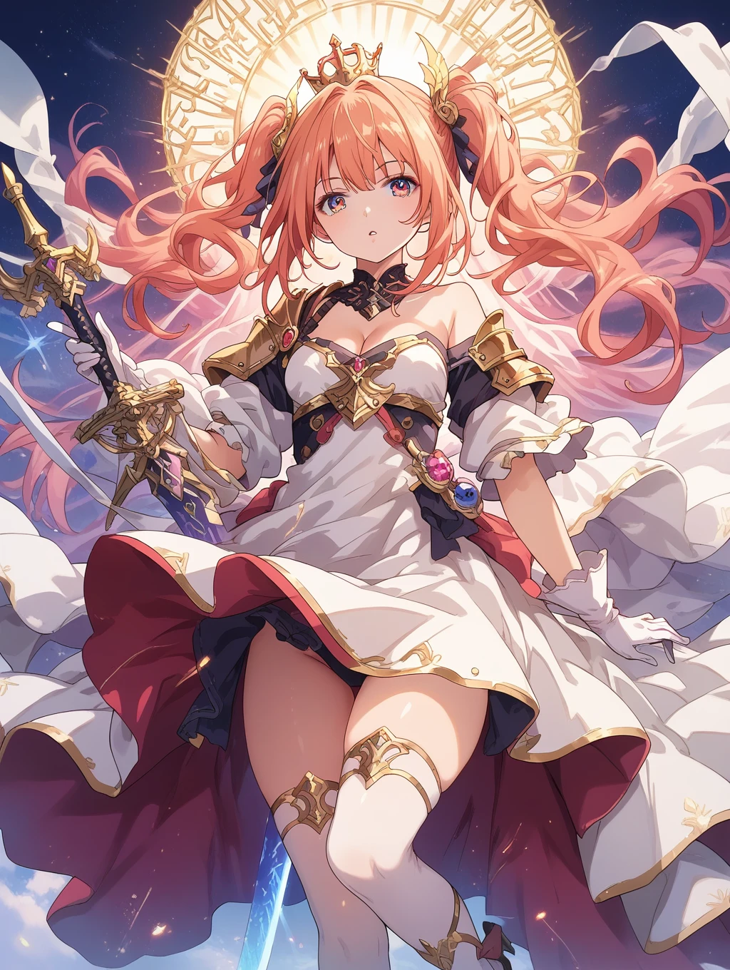 score_9, score_8_up, score_7_up, source_anime,masterpiece, best quality, high resolution, extremely detailed CG, absurdres, 1girl, solo, a girl in armor and a smaill crown holding a large sword, white_armor, golden decoration, red_dress, off-shoulder, thighhighs, long hair, side_ponytail, blond hair, leg armor, cleavage, small_crown, gloves, armor, white_gloves, high heels, off-shoulder armor, >:)