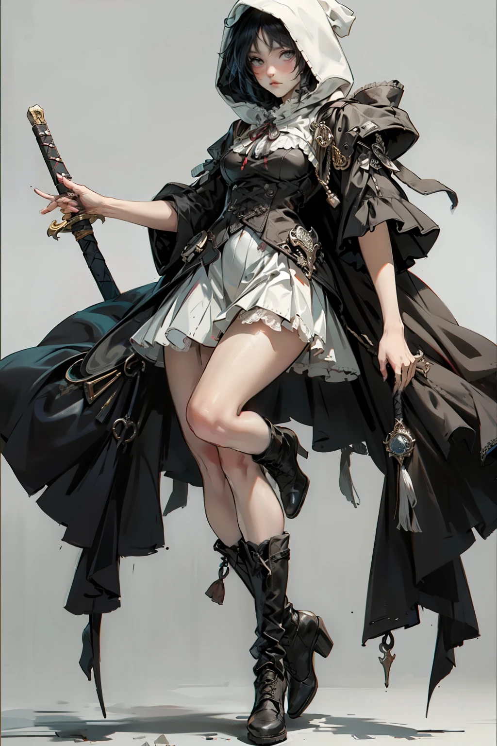((best quality)), ((masterpiece)), (detailed), blank white background, plain background, white background, red and white clothing, (with a hood), borne inspired, occult aesthetic, occult, detailed and intricate steampunk and detailed gothic, NSFW,y dramatic and cinematic lighting, cosmic horror, grim-dark, side-lighting, perfect face, NSFW, Fluing lace flared long knee length dress with frilly petticoats, knee length dress, pleated petticoats, lolita dress,ticoats gothic lolita, complex lboots, wielding a sword and holding a shield, side-lighting, gothic lolita aesthetic, NSFeautiful small bre, small breasts, full body, whole body, body, plain background, white background, blank background, no background, white background NSFW, full body, whole body, -to-toe