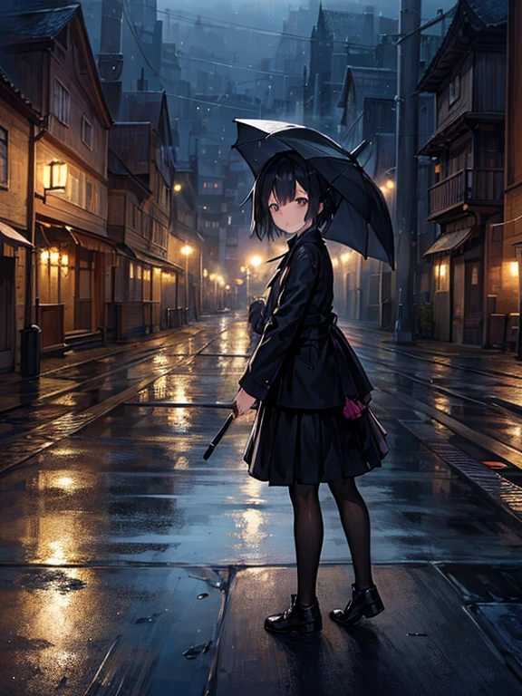 Town、rain、night、オレンジの光のTown灯、European style、レンガのTown並み、Wet cobblestones、Girl Holding an Umbrella、blouse、skirt、Black catを撫でる、Black cat、Anime Style