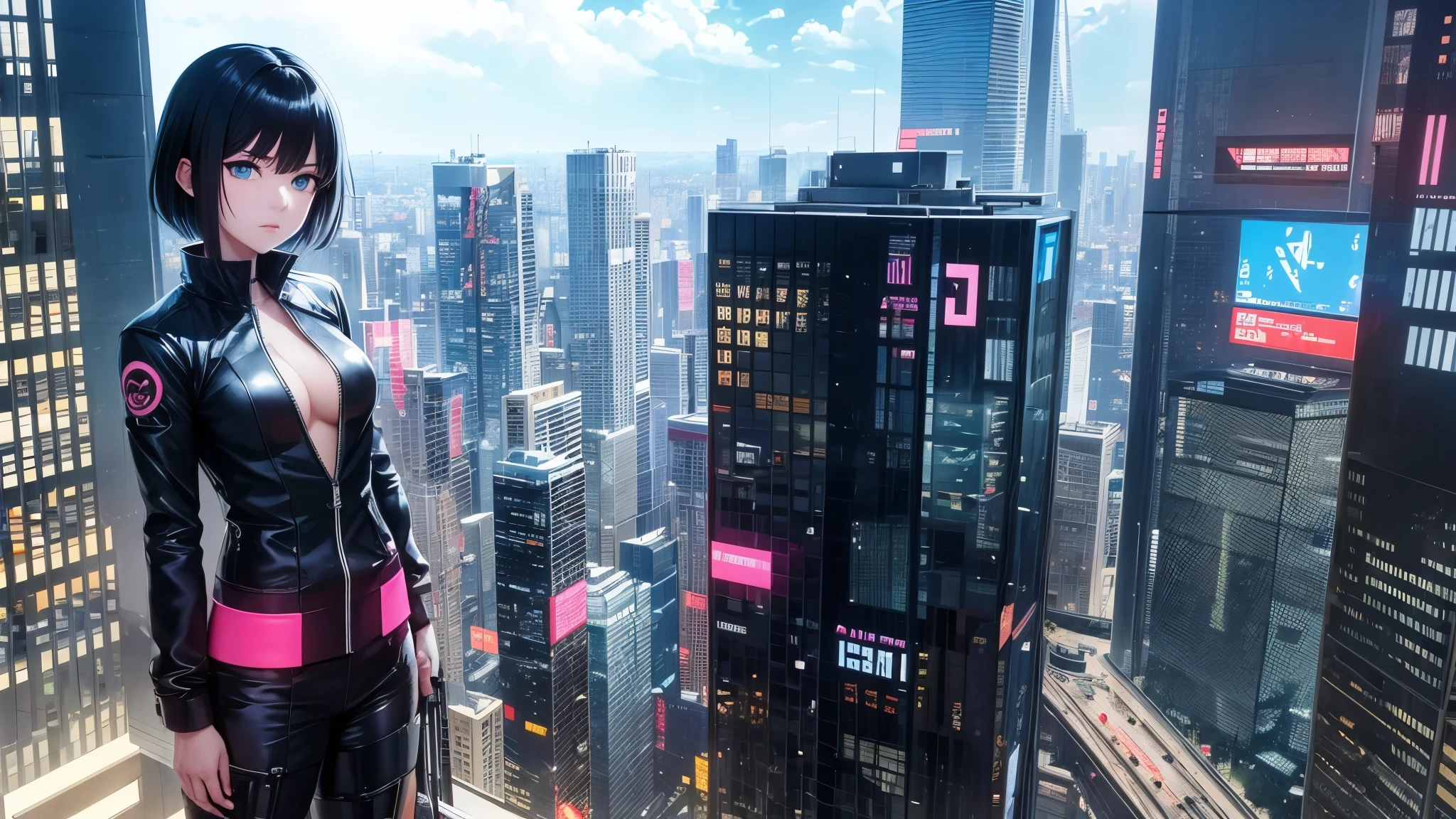 neon, Akira. Anime Line Art.masterpiece, highest quality, 1 girl , short hair, alone, Beautiful Eyes, Black Hair , Medium chest, ビューアーを見るhighest quality, 1 girl ,motoko kusanagi, In optical camouflage, Breaking into a tech skyscraper. Holographic alarm and AI defense activated, 建物をneonで照らされた挑戦の迷路に変えた.