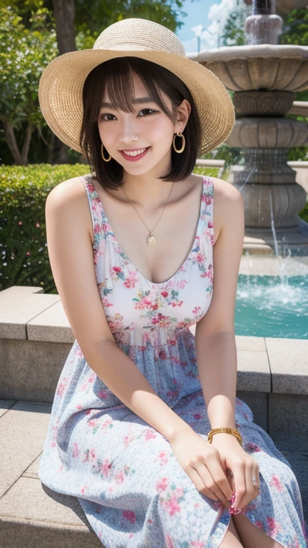 (8k, Photorealistic, Raw photo, Highest quality: 1.4),Japanese idol style1Beautiful girl of the person,18-year-old,Short bob hairstyle,Natural Waves,Silver Hair,She has her hair tucked behind her ears,She wears a hat with a brim,She has small earrings in her ears,Big, clear grey eyes,Long eyelashes,Plump Cheeks,She is wearing pale pink lipstick.,Apply gloss over your lipstick for glossy, plump lips,Smiling,A short pendant is hanging around her neck.,The nails on both hands are painted with light pink nail polish.,She is wearing a long, sleeveless, floral dress,wearing sandals on bare feet,sitting on a bench in front of a park fountain,Full body portrait