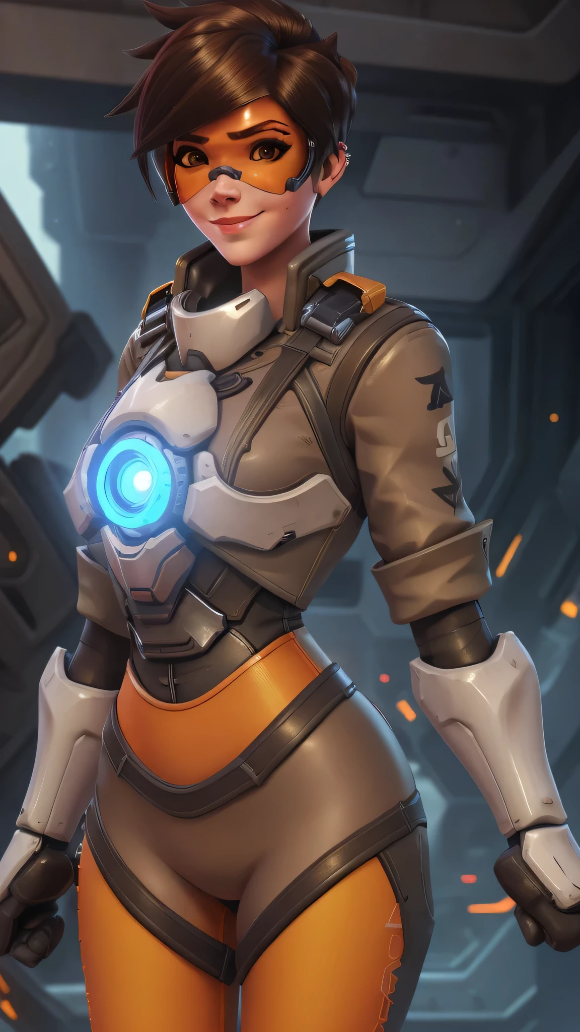 portrait of tracer, close up, gwen tennyson, tracer, overwatch, battle ruins, futuristic city, mecha pilot, bodysuit, brown short sleeve pilot jacket, neon orange and red sport leggings, short hair, punk makeup, hazel eyes, multicolored brown hair, happy smile, freckles, beautiful girl, medium breasts,8k,ultra detailed, realistic, fantasy art, cyborg armor, pilot uniform,(weather: windy), (visor, googles), sexy stance,