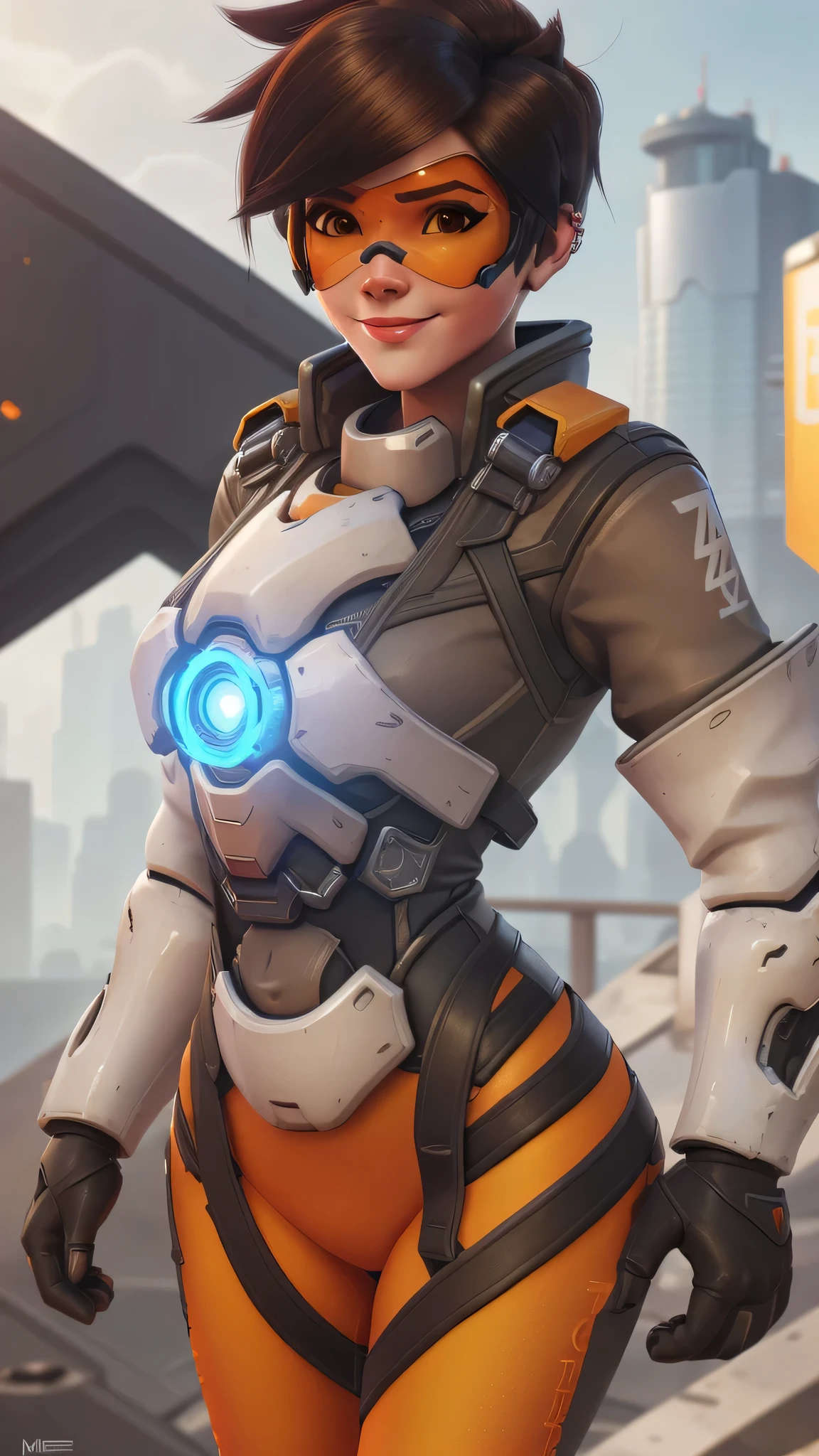 portrait of tracer, close up, gwen tennyson, tracer, overwatch, battle ruins, futuristic city, mecha pilot, bodysuit, brown short sleeve pilot jacket, neon orange and red sport leggings, short hair, punk makeup, hazel eyes, multicolored brown hair, happy smile, freckles, beautiful girl, medium breasts,8k,ultra detailed, realistic, fantasy art, cyborg armor, pilot uniform,(weather: windy), (visor, googles), sexy stance,