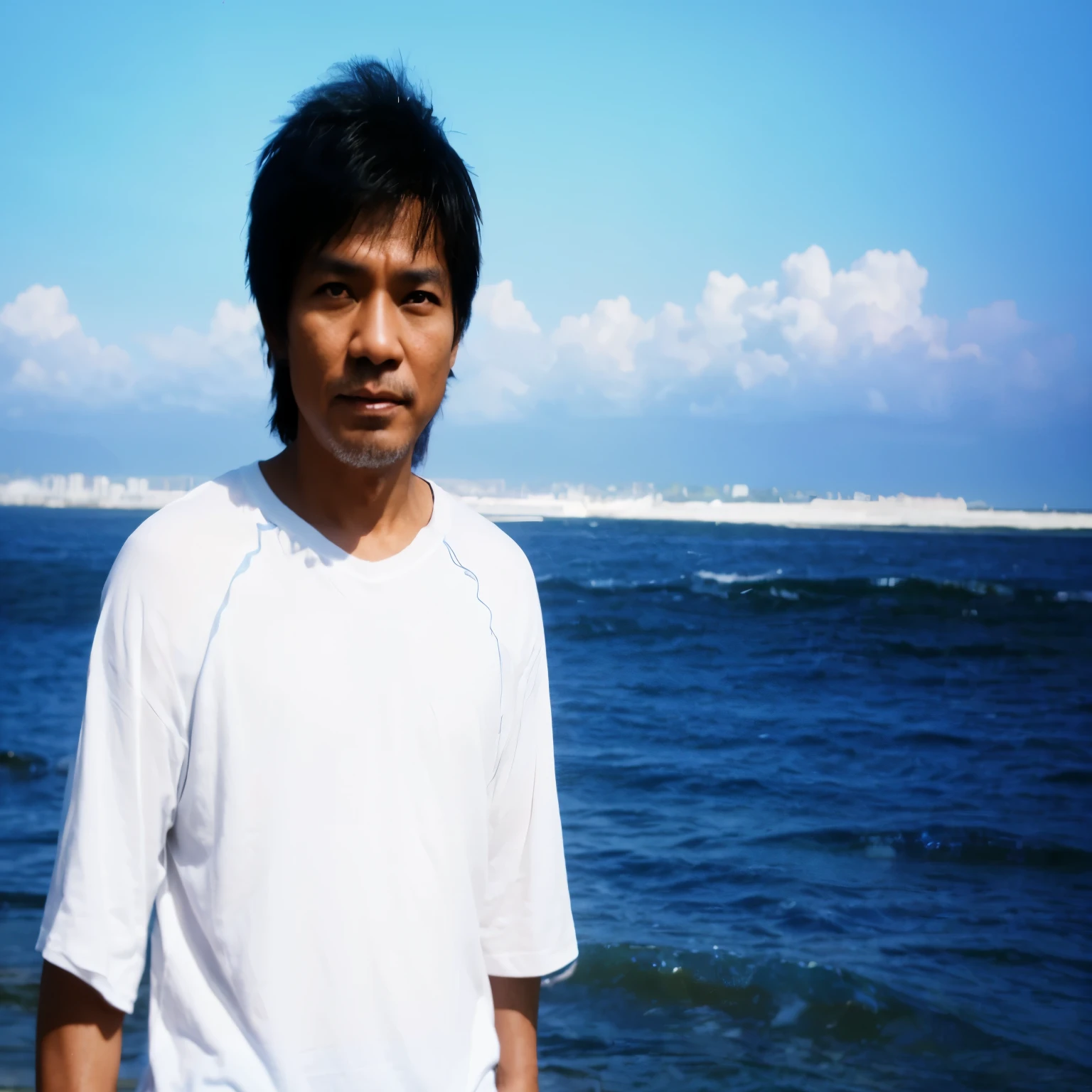 clothed, hyper realistic, cinematic: 0.9, 32K, 45 year old Indonesian man, realistic lighting, backlight, light on face, light trails, eyes with fine details, face with fine details, happy, face close-up, t-shirt