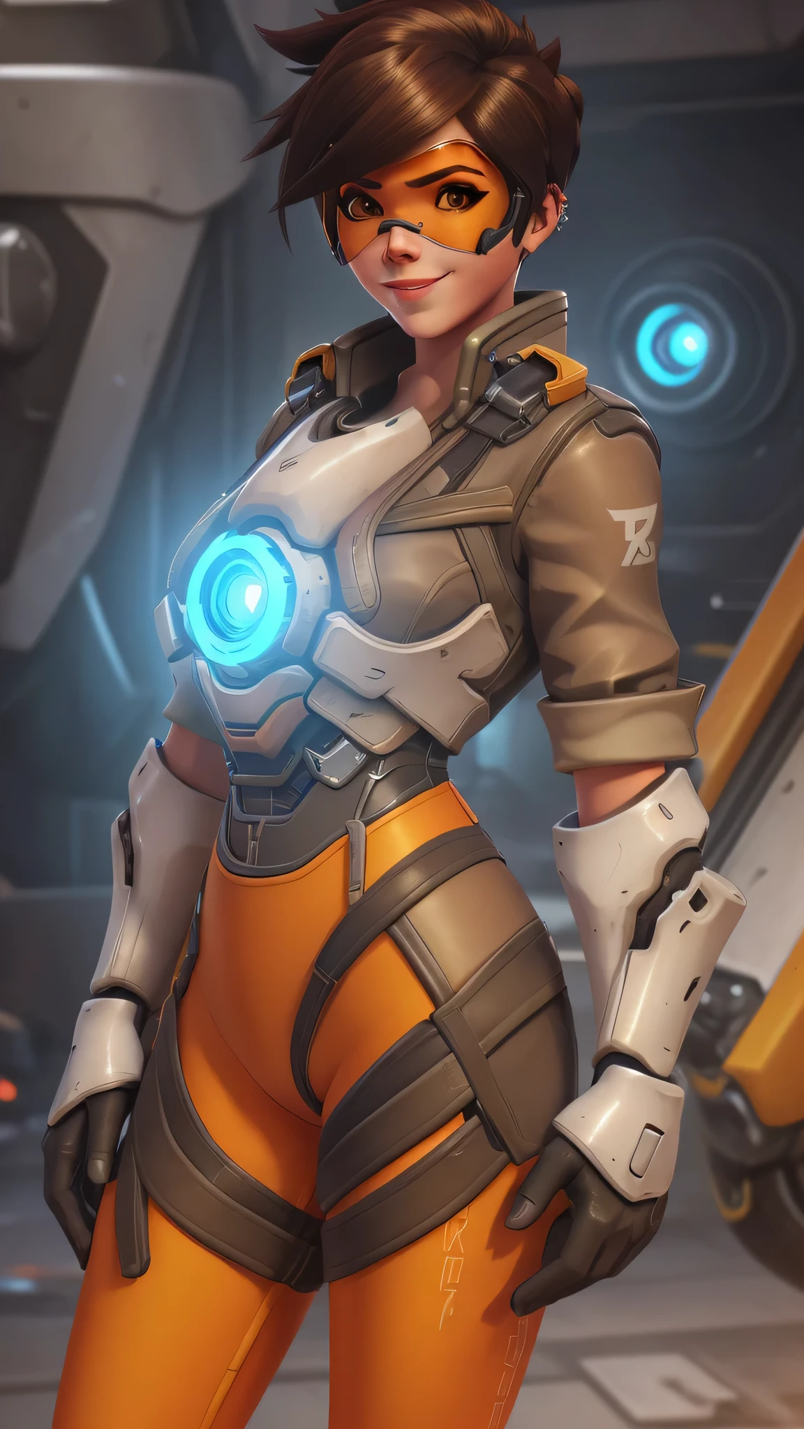 portrait of tracer, close up, gwen tennyson, tracer, overwatch, battle ruins, futuristic city, mecha pilot, bodysuit, brown short sleeve pilot jacket, neon orange and red sport leggings, short hair, punk makeup, hazel eyes, multicolored brown hair, happy smile, freckles, beautiful girl, medium breasts,8k,ultra detailed, realistic, fantasy art, cyborg armor, pilot uniform,(weather: windy), (visor, googles), sexy stance,