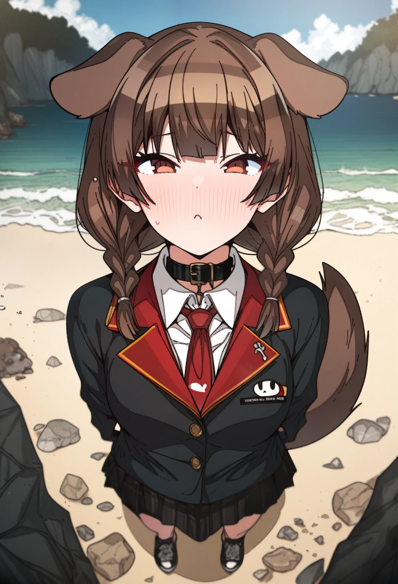 houshou_marine with brown hair and brown eyes, Artist, erere, Copyrights, idolmaster, idolmaster_shiny_colors, Character, General, 1girl, brown_hair, blunt_bangs, blush, medium_breasts, breasts, detailed eyelashes, beatiful girl:1, brown_eyes, censored, school_uniform, black pleated skirt, black blazer, white shirt, red tie, dog_tail, animal_collar, twin_braids, dog_ears, bone_hair_ornament, :|:0.5, (full_body) (standing in middle, beach, rocks), sky:0.7, half-closed_eyes, detailed, sand, outdoors, from_side, looking_at_viewer, masterpiece, best_quality, great_quality, girl, solo, center_composition, centered character, cute