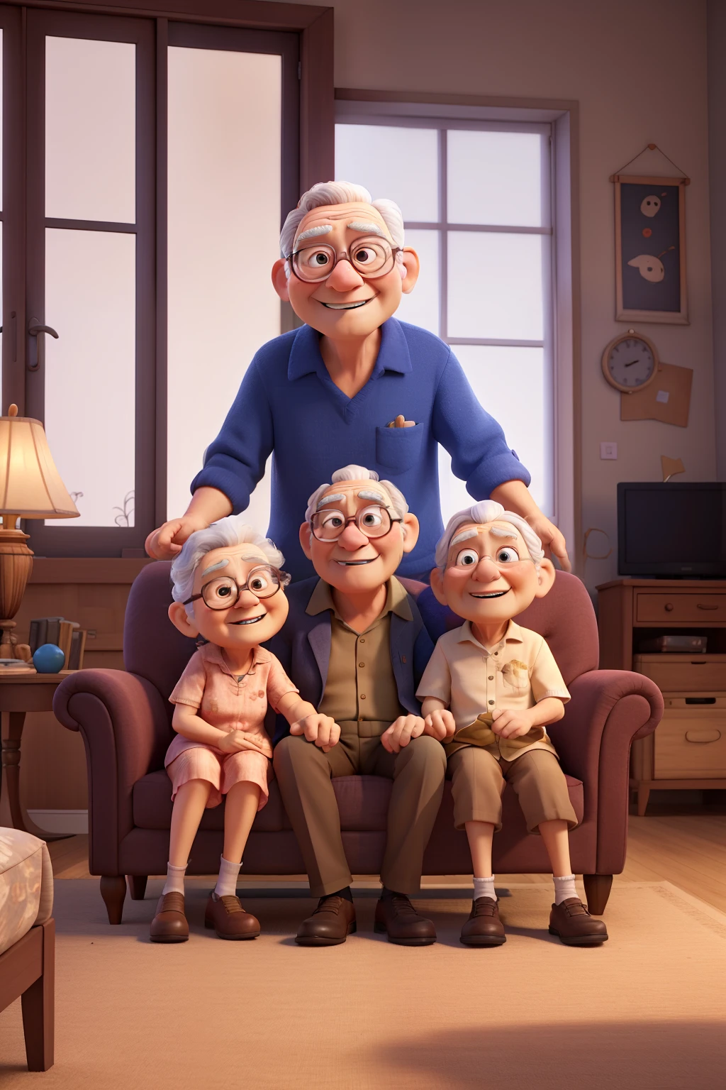 Grandma and grandpa sitting on the sofa with grandson sleeping, estilo pixar disney, 3d rendering