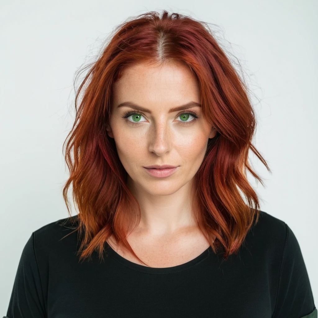 front view, looking at camera, RAW photo,((black shirt:1.2)), ((portrait)),beautiful red hair 30 years old woman, green eyes, perfecteyes eyes, ((white background:1.2)), studio lighting, high quality, film grain, Fujifilm XT3, centralized