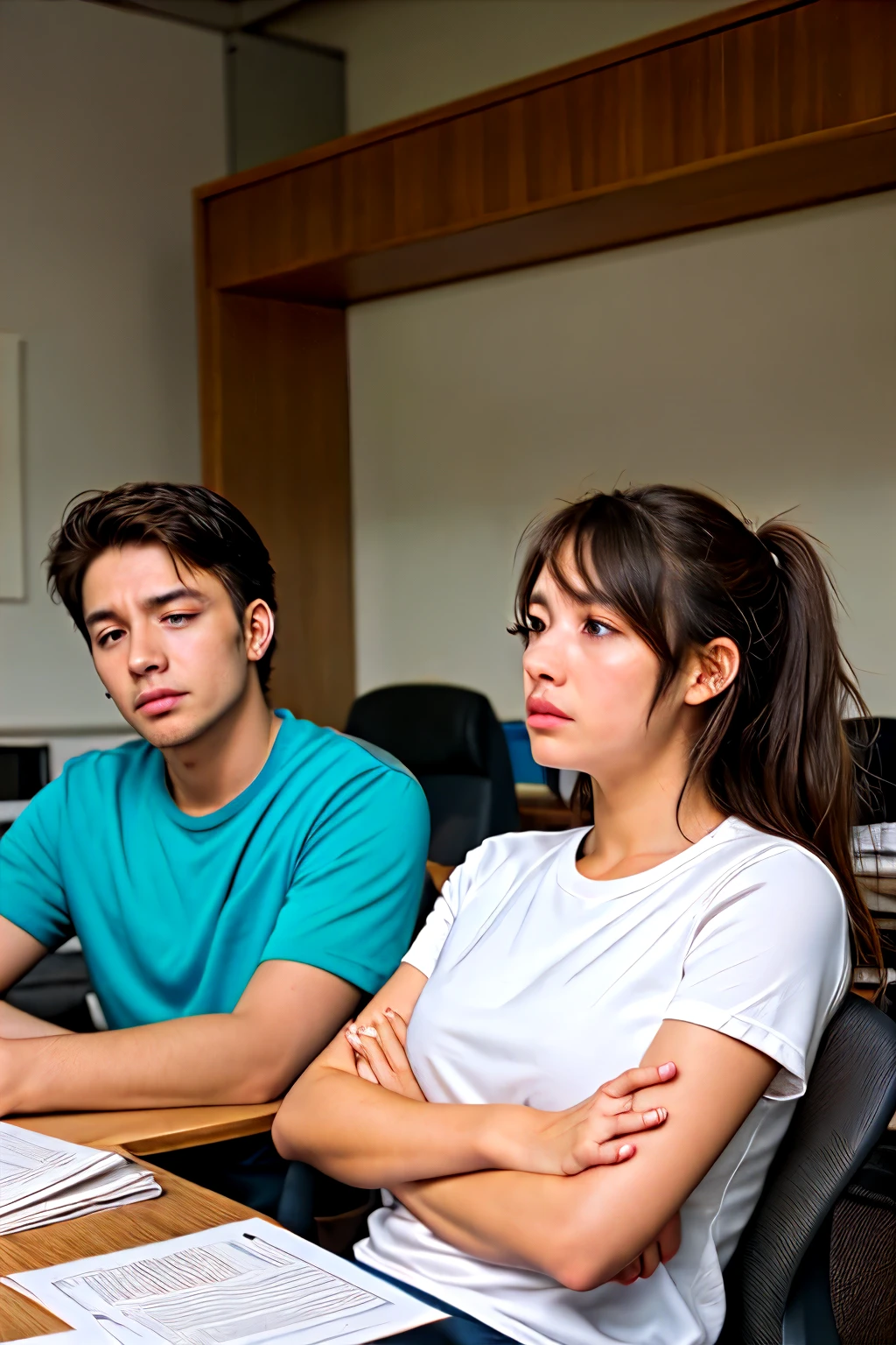 a couple (male and female) are sitting in their desk they are unhappy and tired