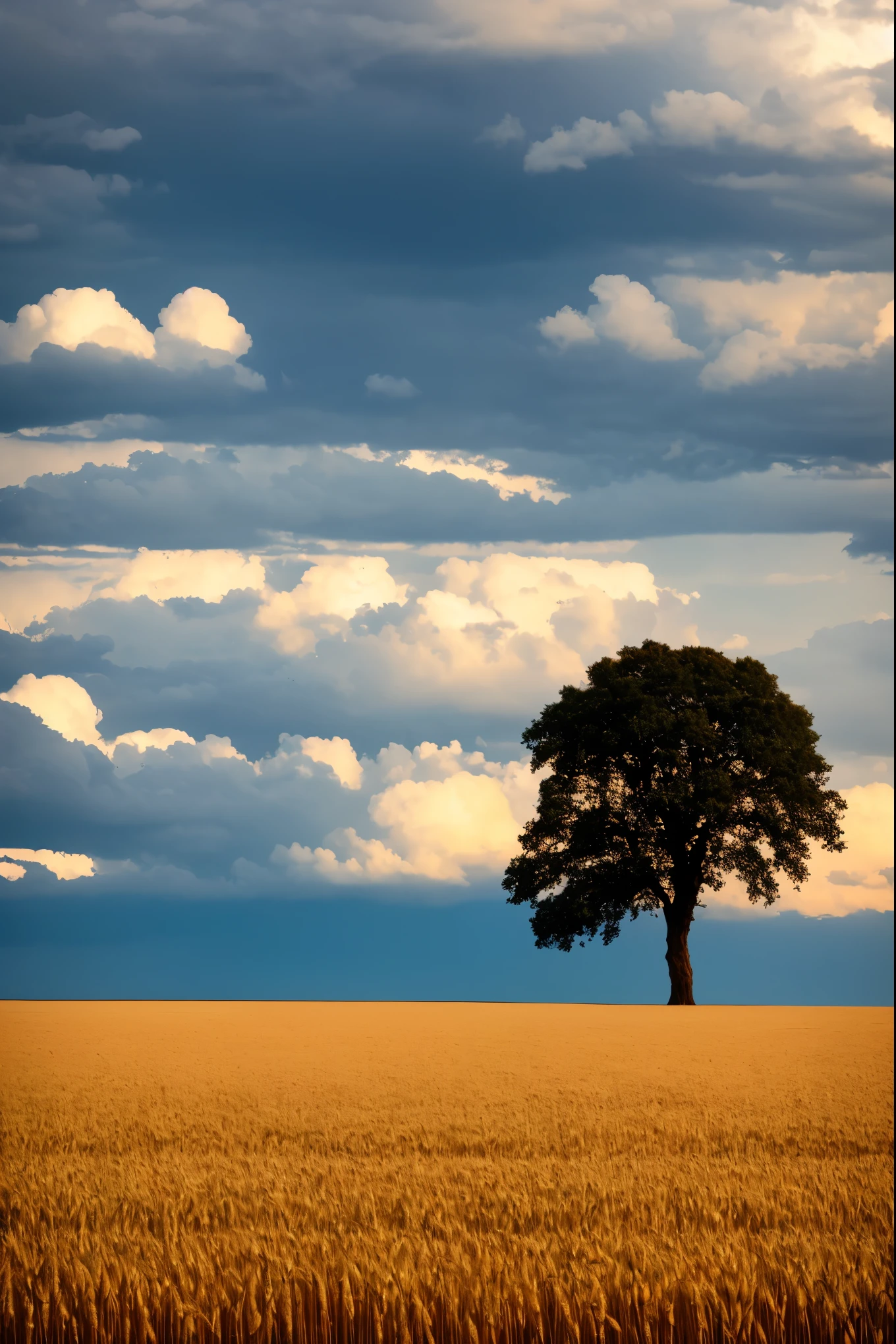 arafed field of wheat with a lone tree in the distance, a picture by Karl Hagedorn, flickr, land art, clouds and fields in background, detailed fields nature, immense wheat fields, nature and clouds in background, vast wheat fields, brooding clouds', on the vast wheat fields, dramatic sky and landscape, gorgeous clouds, beautiful late afternoon