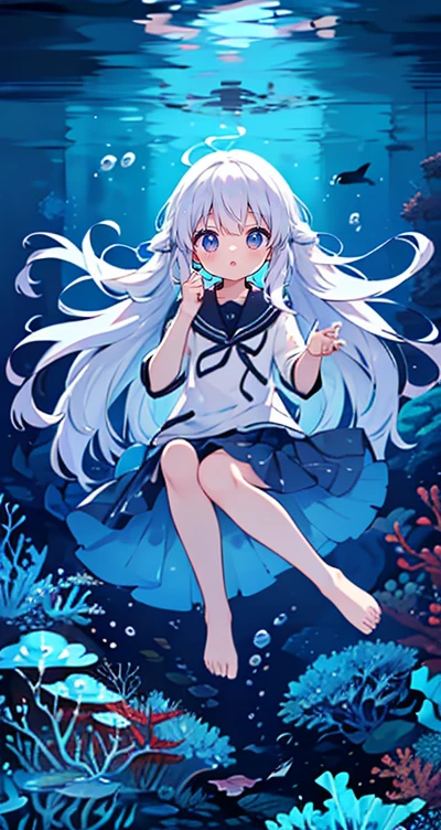 (Peace Fly), (highest quality), Very detailed, 1 girl, Personal full-body photo, Perfect Face, beautiful girl, Very detailed顔,(Long white hair:1.5),(blue eyes:1.4),(Flowing Hair:1.4),(Underwater:1.4),sink,school fishy,Light,jellyfish,Seaweed,Redfish,fishy,deep sea,Fantasy
