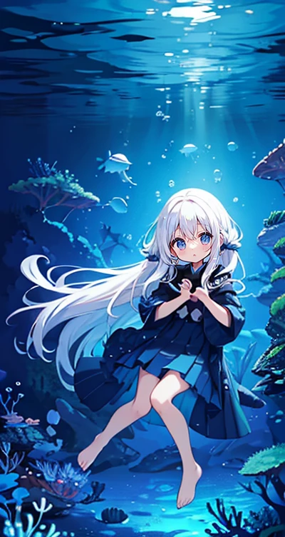 (Peace Fly), (highest quality), Very detailed, 1 girl, Personal full-body photo, Perfect Face, beautiful girl, Very detailed顔,(Long white hair:1.5),(blue eyes:1.4),(Flowing Hair:1.4),(Underwater:1.4),sink,school fishy,Light,jellyfish,Seaweed,Redfish,fishy,deep sea,Fantasy