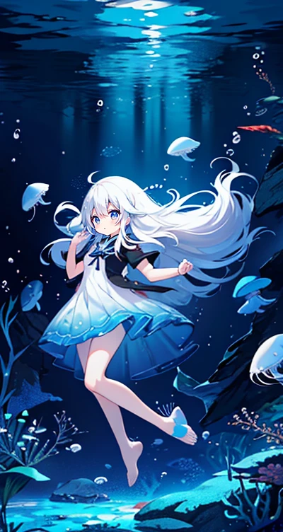 (Peace Fly), (highest quality), Very detailed, 1 girl, Personal full-body photo, Perfect Face, beautiful girl, Very detailed顔,(Long white hair:1.5),(blue eyes:1.4),(Flowing Hair:1.4),(Underwater:1.4),sink,school fishy,Light,jellyfish,Seaweed,Redfish,fishy,deep sea,Fantasy