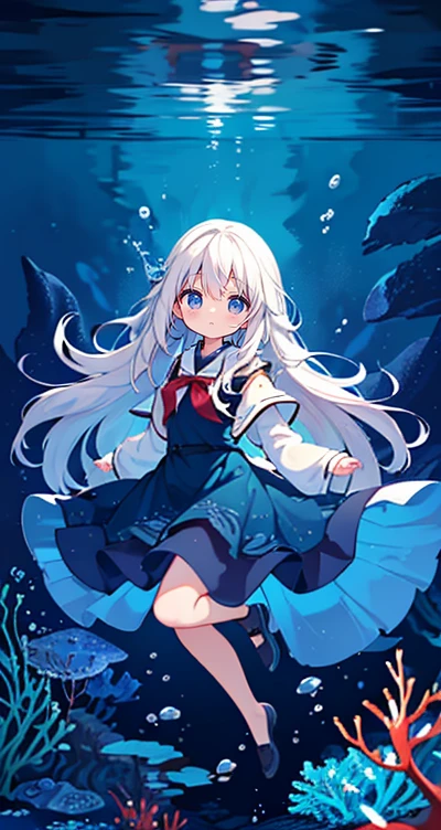(Peace Fly), (highest quality), Very detailed, 1 girl, Personal full-body photo, Perfect Face, beautiful girl, Very detailed顔,(Long white hair:1.5),(blue eyes:1.4),(Flowing Hair:1.4),(Underwater:1.4),sink,school fishy,Light,jellyfish,Seaweed,Redfish,fishy,deep sea,Fantasy