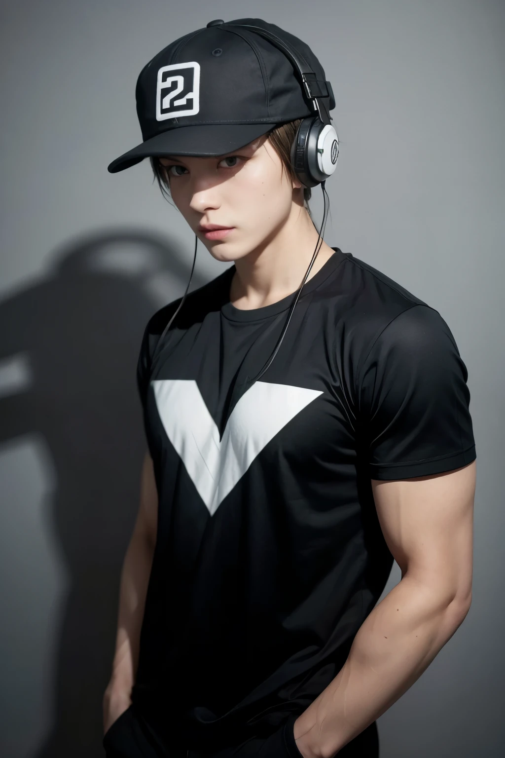 Male anime character, white skin brown hair purple glasses black shirt black pants black cap