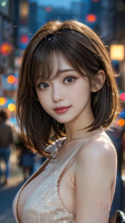 (( top quality, 8k, Masterpiece :1.3)), 1 girl , smile, whole body, Slim face, Pretty Woman, ( Lots of Dark Brown Hair ), long dress :1.1, super detailed face, detail eyes, double eyelids, blur the background , Slim face, city, outside, street,