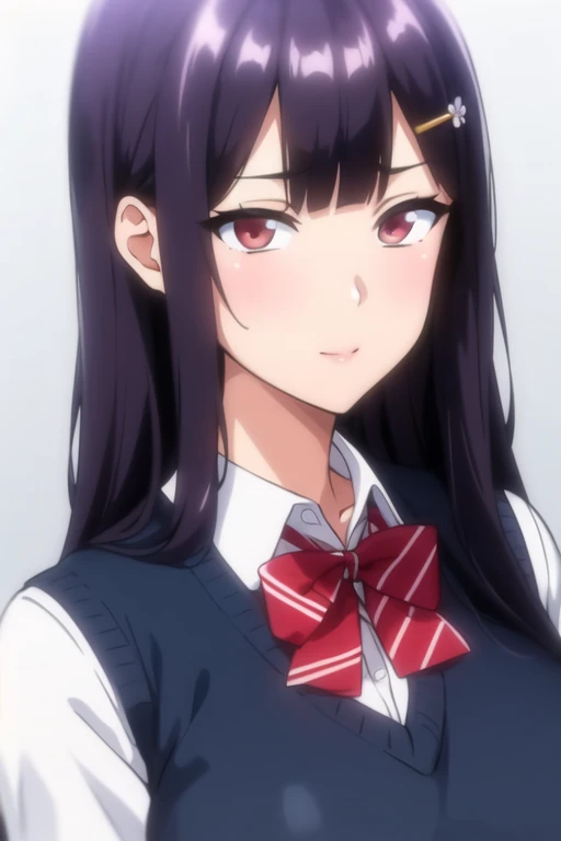 Simple White Background,
school_uniform,red bowtie,white shirt,Blue sweater vest,pleated_skirt,
flower hair clip, hair flower, hair ornament, 
Red eyes,bangs, black_hair, long_hair,
1 girl, 20yo,Young female,Beautiful Finger,Beautiful long legs,Beautiful body,
Beautiful Nose,Beautiful character design, perfect eyes, perfect face,expressive eyes,perfect balance,
looking at viewer,(Focus on her face),closed mouth, (innocent_big_eyes:1.0),(Light_Smile:0.3),
official art,extremely detailed CG unity 8k wallpaper, perfect lighting,Colorful, Bright_Front_face_Lighting,White skin,
(masterpiece:1.0),(best_quality:1.0), ultra high res,4K,ultra-detailed,
photography, 8K, HDR, highres, absurdres:1.2, Kodak portra 400, film grain, blurry background, bokeh:1.2, lens flare, (vibrant_color:1.2),professional photograph,
(Beautiful,large_Breasts:1.4), (beautiful_face:1.5),(narrow_waist),