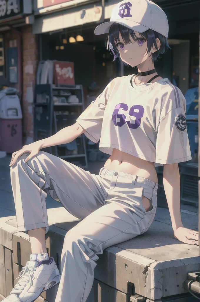 woman sitting on trash(White sneakers, Beige cargo pants,White XL-size belly button tee, black choker, white baseball cap, silver short hair, purple eyes)
