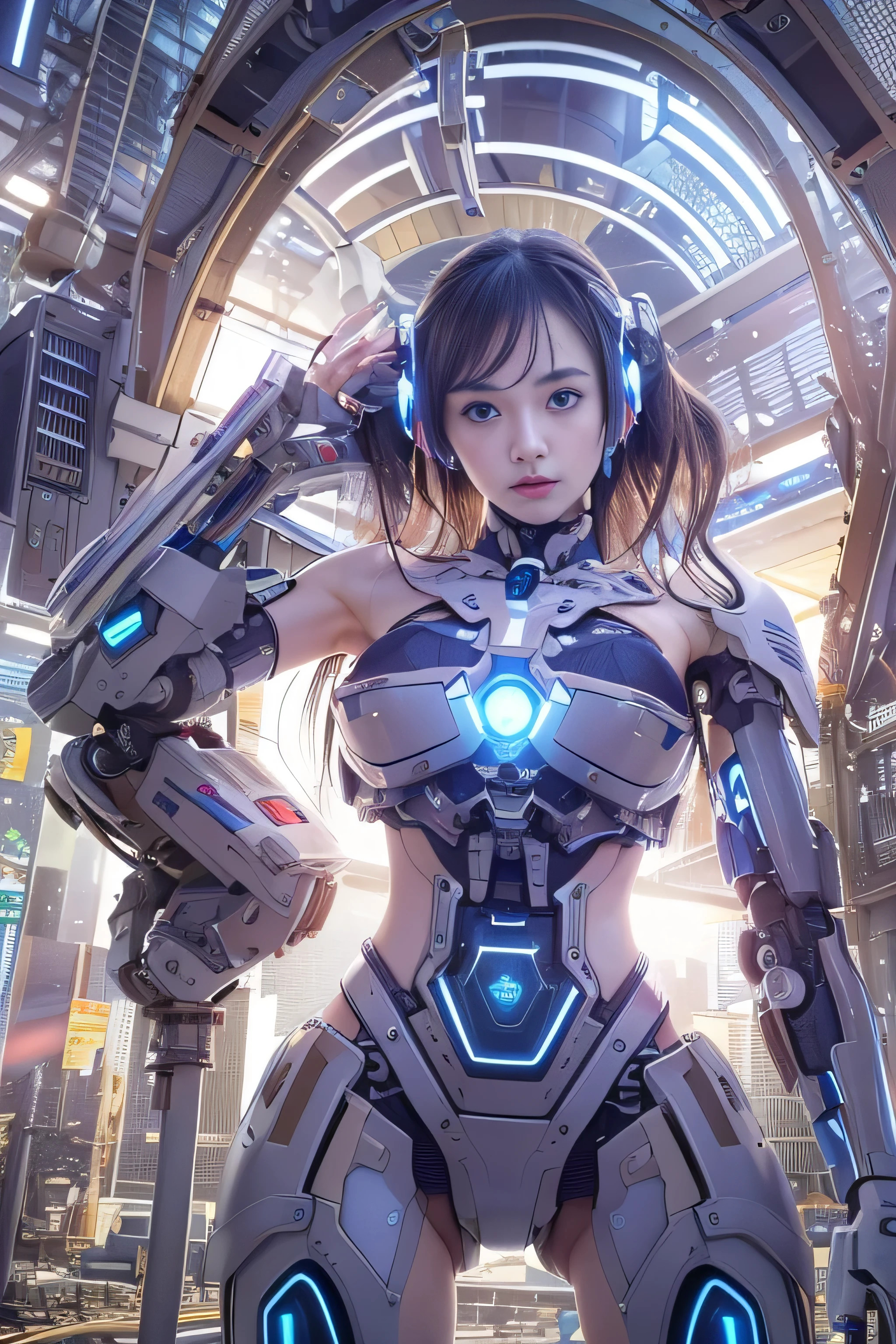 (RAW quality:1.4), Wide-angle shot, 1 female, Mecha, Sparkling blue eyes, , Japanese, Very cute face, (Realistic:1.37), Biomechanical, Complex robot, Cleavage, (Bare skin is exposed from under the chest to the lower abdomen.:1.4), Spaceship interior bokeh background, Ultra-realistic, Very detailed, Very intricate details, Beautiful woman in sharp focus, Thin pubic hair,