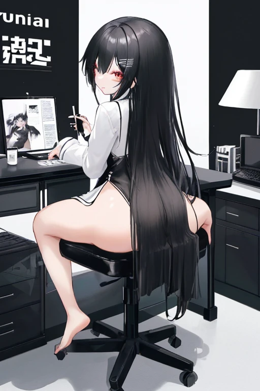 Beautiful Asian with medium long black and white hair sitting on a desk with her back to her in a black mini dress showing her ass to the viewer